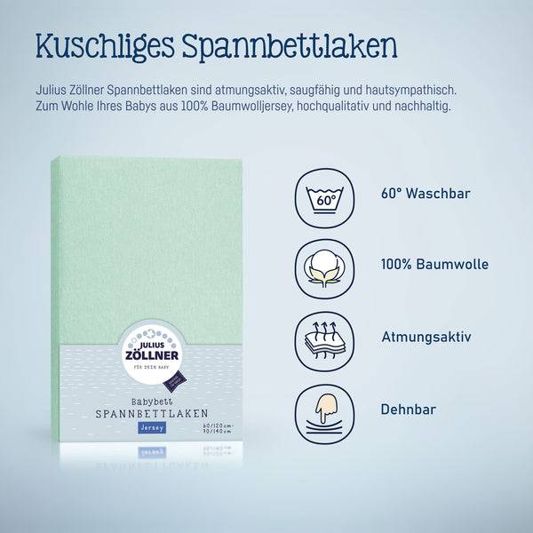 Julius Zöllner Jersey Spannbettlaken für Babymatratzen 60x120 bis 70x140cm, Salbei Flash Sale