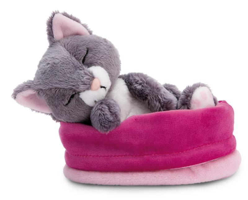 NICI Kuscheltier Sleeping Pets graue Katze 12cm im rosa Körbchen NICI GREEN Letzte 2 Tage
