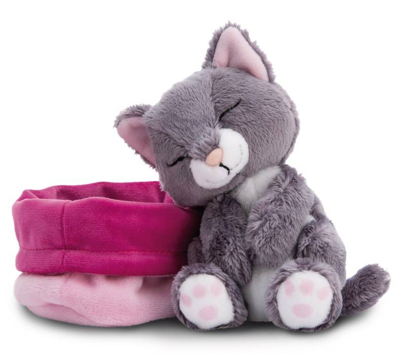 NICI Kuscheltier Sleeping Pets graue Katze 12cm im rosa Körbchen NICI GREEN Letzte 2 Tage