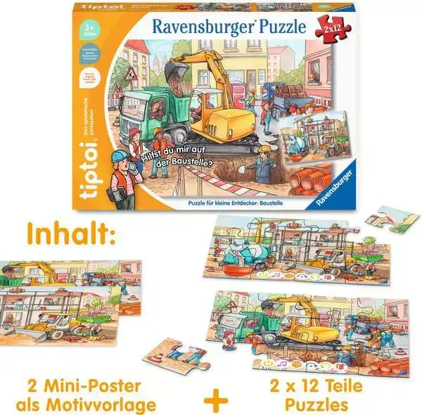 Ravensberger Matratzen Kinderpuzzle ab 3 Jahren - tiptoi® Puzzle für kleine Entdecker: Baustelle - 12 Teile Großer Ausverkauf