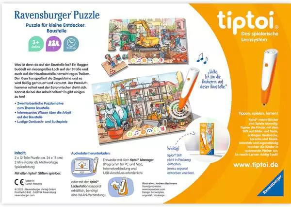Ravensberger Matratzen Kinderpuzzle ab 3 Jahren - tiptoi® Puzzle für kleine Entdecker: Baustelle - 12 Teile Großer Ausverkauf