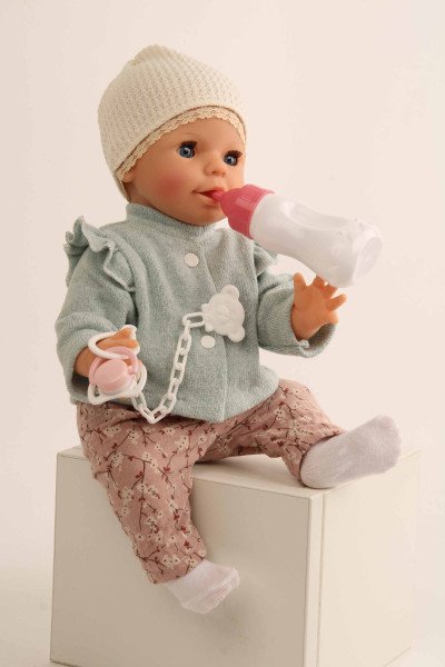 Schildkröt Manufaktur Trink + Näßbaby "Lina" 40 cm mit Malhaar und blauen Schlafaugen, Kleidung rose/mint Osterangebot