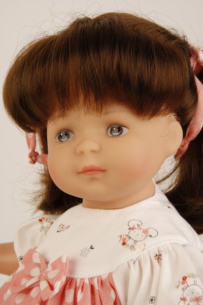 Schildkröt Manufaktur Puppe Strampelchen 37 braune Haare, braune Malaugen, Sommerkleidung weiss/rose Sonderangebot der Fabrik