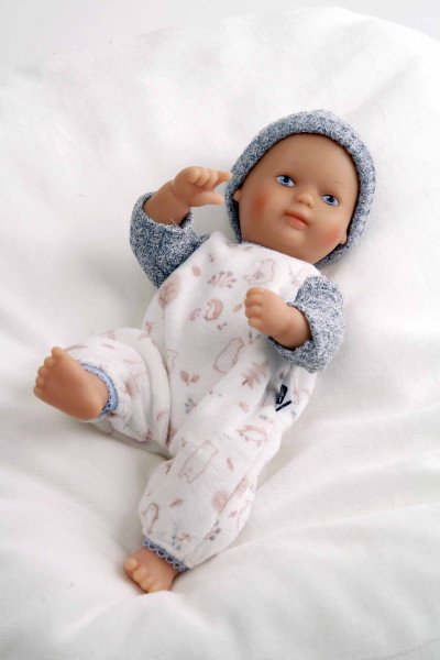 Schildkröt Manufaktur Puppe Mein 1. Baby 28 cm mit Malhaar und blauen Malaugen, Overall blau/weiss Super Sparpreis