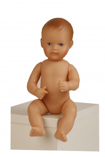 Schildkröt Manufaktur Puppe Mein 1. Baby 28 cm mit Malhaar und blauen Malaugen, Overall blau/weiß Strick Super Sparpreis