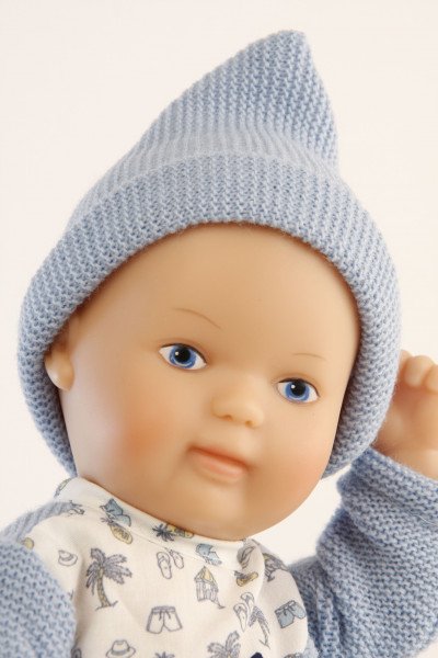 Schildkröt Manufaktur Puppe Mein 1. Baby 28 cm mit Malhaar und blauen Malaugen, Overall blau/weiß Strick Super Sparpreis