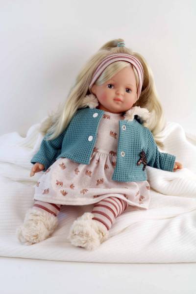 Schildkröt Manufaktur Puppe Strampelchen 37 blonde Haare, braune Malaugen, Winterkleidung rose/petrol JETZT KAUFEN