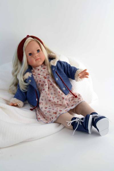 Schildkröt Manufaktur Puppe Elli 52 cm blonde Haare, blaue Schlafaugen, Kleidung winterlich blau/rose Günstiger Verkauf