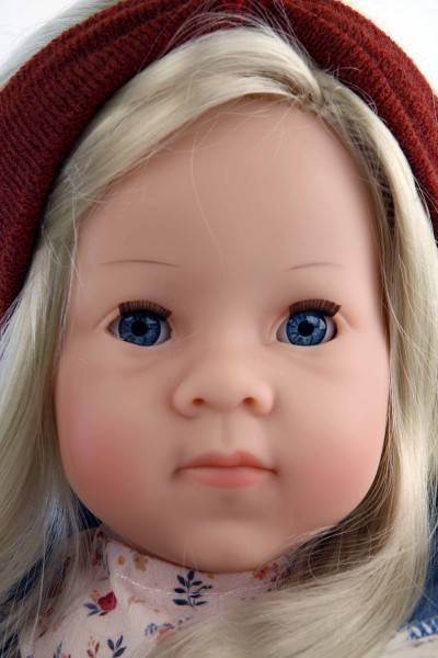 Schildkröt Manufaktur Puppe Elli 52 cm blonde Haare, blaue Schlafaugen, Kleidung winterlich blau/rose Günstiger Verkauf