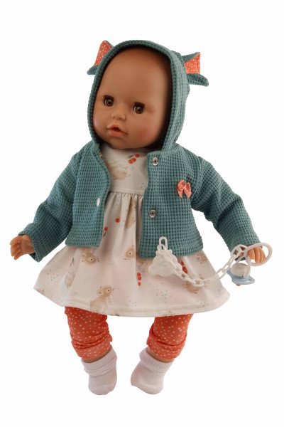 Schildkröt Manufaktur Baby Amy 45 cm mit Schnuller, Malhaar, braune Schlafaugen, Mäuschenkleidung Kostenloser Versand