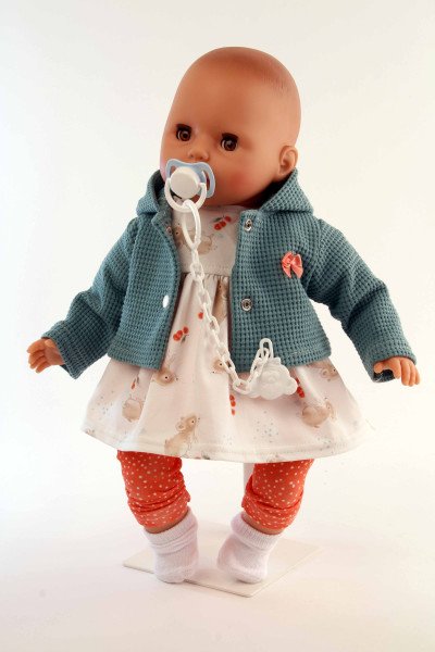 Schildkröt Manufaktur Baby Amy 45 cm mit Schnuller, Malhaar, braune Schlafaugen, Mäuschenkleidung Kostenloser Versand