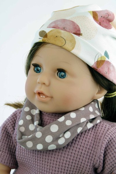 Schildkröt Manufaktur Puppe Susi 45 cm braune Haare, blaue Schlafaugen, Kleidung weiss/lila/senf Zeitbegrenzte Promotion