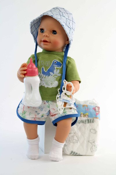 Schildkröt Manufaktur Trink + Näßbaby "Finn" 40 cm mit Malhaar und blauen Schlafaugen, Kleidung g weiss/grün/blau Bis zu 50% Rabatt