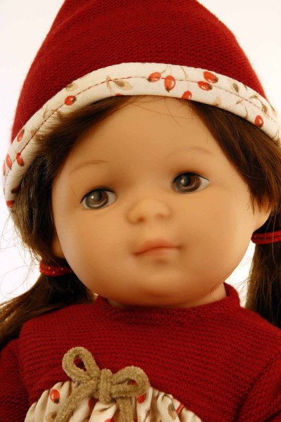Schildkröt Manufaktur Puppe Strampelchen 37 braune Haare, braune Malaugen, Kleidung weiß/rot/beige Fabrikladen