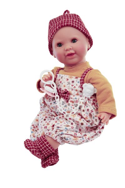 Schildkröt Manufaktur Schnullerbaby Lenchen 37 cm, Malhaar, blaue Schlafaugen, Blumenhose, Shirt und Karomütze