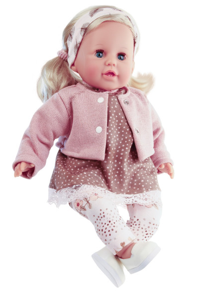 Schildkröt Manufaktur Puppe Susi 45 cm blonde Haare, blaue Schlafaugen, Kleidung weiss/rose/braun