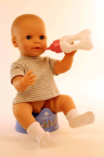 Schildkröt Manufaktur Trink + Näßbaby "Finn" 40 cm mit Malhaar und blauen Schlafaugen, Kleidung grau/blau/rot VIP-Rabatte