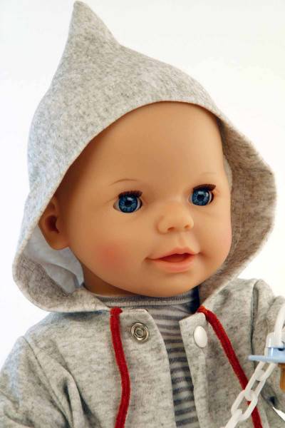 Schildkröt Manufaktur Trink + Näßbaby "Finn" 40 cm mit Malhaar und blauen Schlafaugen, Kleidung grau/blau/rot VIP-Rabatte