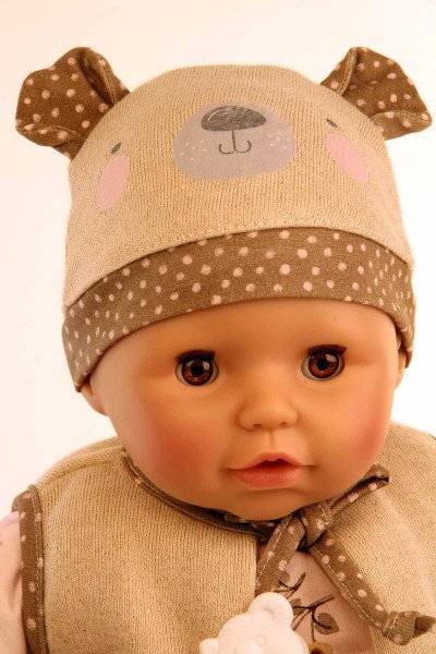 Schildkröt Manufaktur Baby Amy 45 cm mit Schnuller, Malhaar, braune Schlafaugen, Biberoverall + Mütze+ Weste Letzte 3 Tage