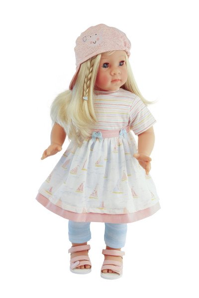 Schildkröt Manufaktur Stehpuppe Elli 52 cm blonde Haare, blaue Schlafaugen, maritime Kleidung weiss/blau/rose