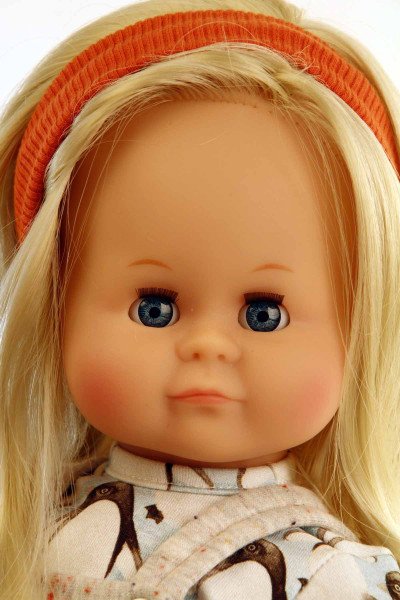 Schildkröt Manufaktur Puppe Schlummerle 37 cm blonde Haare, blaue Schlafaugen, Pinguinkleidung Clearance-Verkauf