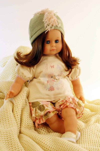 Schildkröt Manufaktur Puppe Schlummerle 37 cm braune Haare, blaue Schlafaugen, Kleidung bunt mint/braun/rose Outlet