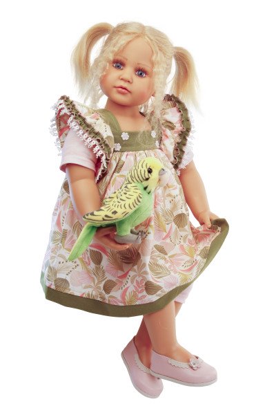 Schildkröt Manufaktur Puppe Johanna von Brigitte Paetsch 70 cm sitzend, blonde Haare, Kleidung grün/rose Fabrikverkauf