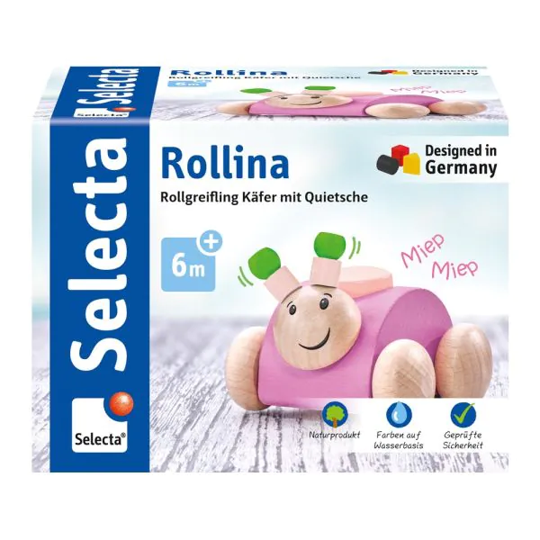 Schmidt Spiele Rollina, Rollgreifling Käfer mit Quietsche aus Holz, Rosa, 7,5 cm Outlet