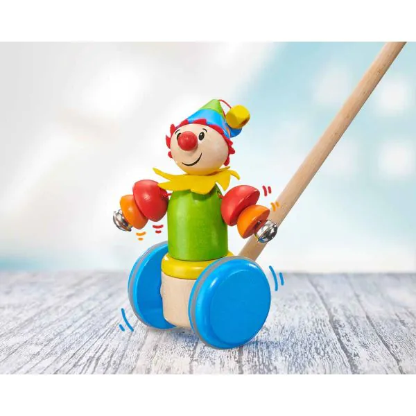 Schmidt Spiele Clown Smillo Schiebefigur, Schiebe-und Nachziehspielzeug aus Holz, 17 cm Räumungsverkauf