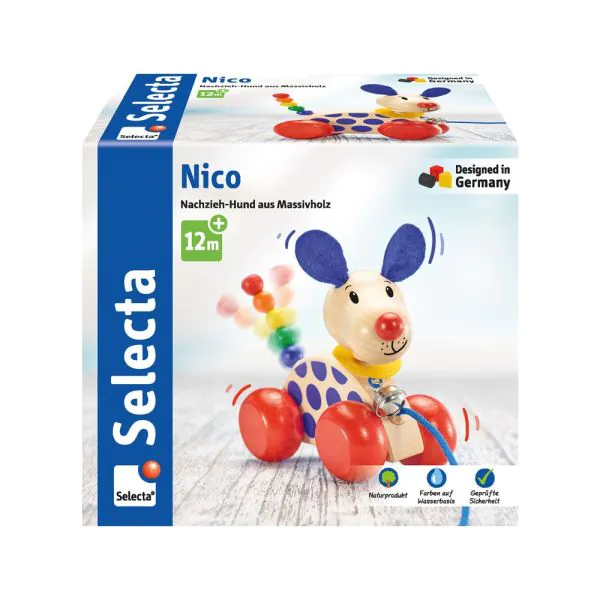 Schmidt Spiele Nico-Nachzieh-Hund, Schiebe-und Nachziehspielzeug aus Holz, 12 cm Tiefpreis