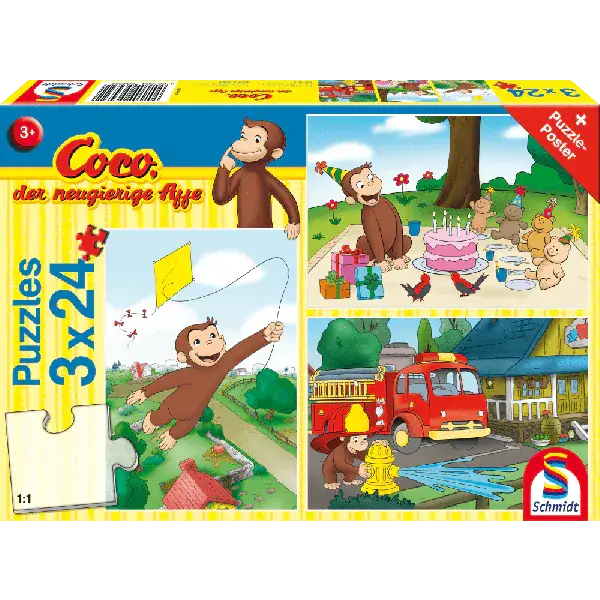 Schmidt Spiele Coco der neugierige Affe: Spaß mit Coco, 3x24 Teile Kinderpuzzle Fabrikladen