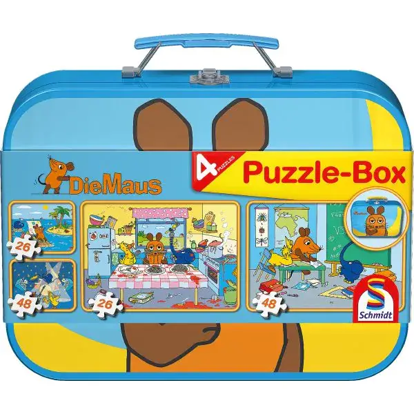 Schmidt Spiele Puzzle-Box: Die Maus im Metallkoffer mit 4 Kinderpuzzles (2 x 26 und 2 x 48 Teile) Sonderangebot der Fabrik